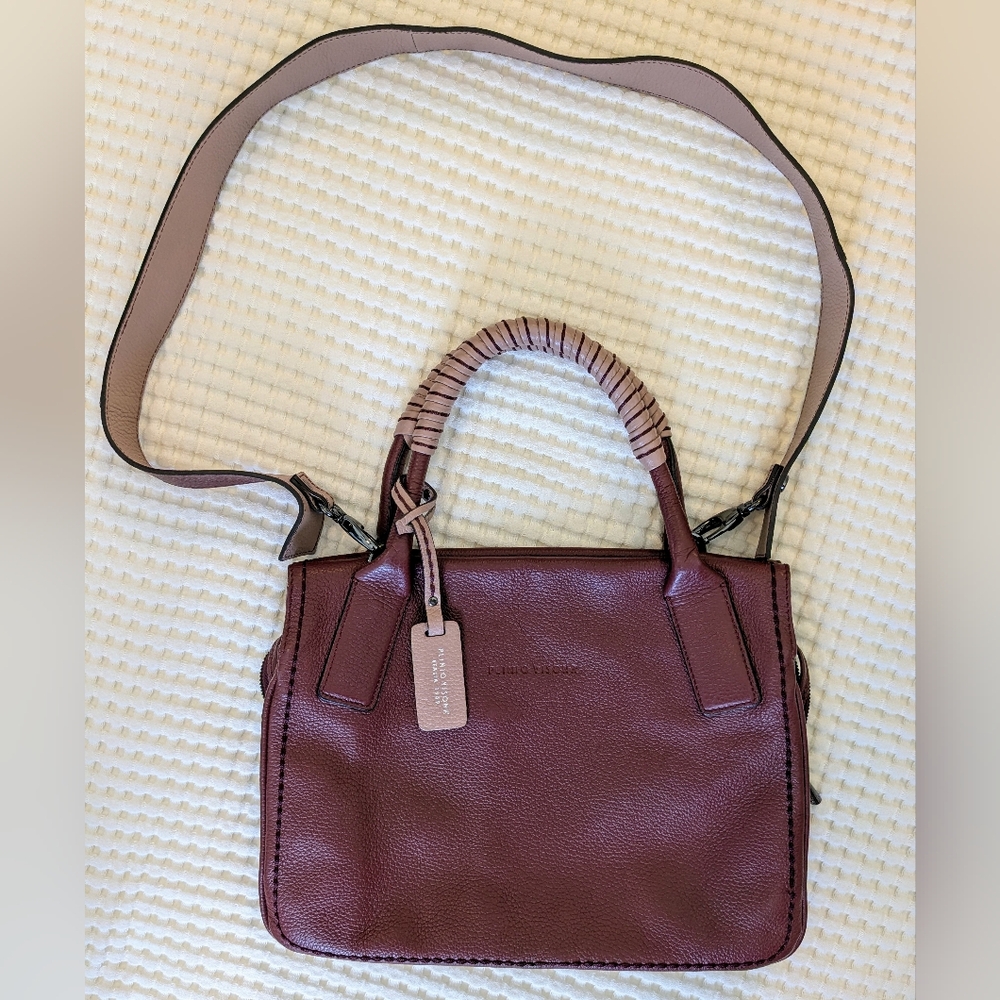 Plinio Visona Burgundy Leather Shoulder Bag with Pink Strap Detail